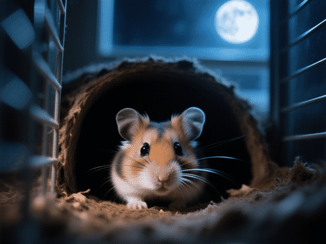 Macro, detailed shot from inside a hamster habitat at night. The view is of the burrow entrance, showing a Syrian hamster's face peeking out into complete darkness, whiskers twitching, eyes bright. Soft, cool moonlight faintly filters in from a window in the blurred background. --ar 4:3 --style raw