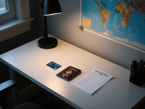 A serene home office desk with a single, sleek travel rewards credit card, a passport, a neatly written list of annual fees