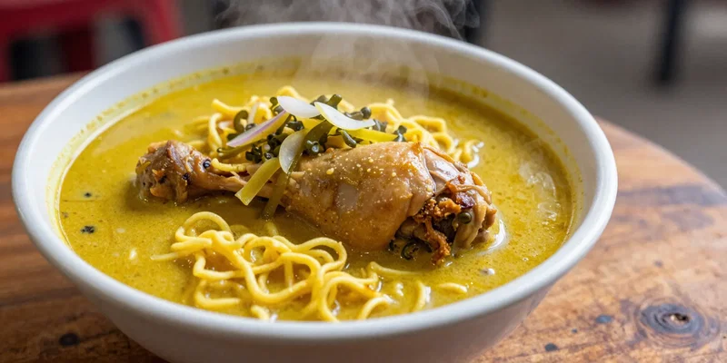 Close-up, shallow depth of field of a steaming, aromatic bowl of Khao Soi, golden curry noodle soup with crispy egg noodles on top and a juicy chicken drumstick, topped with pickled mustard greens and shallots, shot on a rustic wooden table at a street stall, food photography style