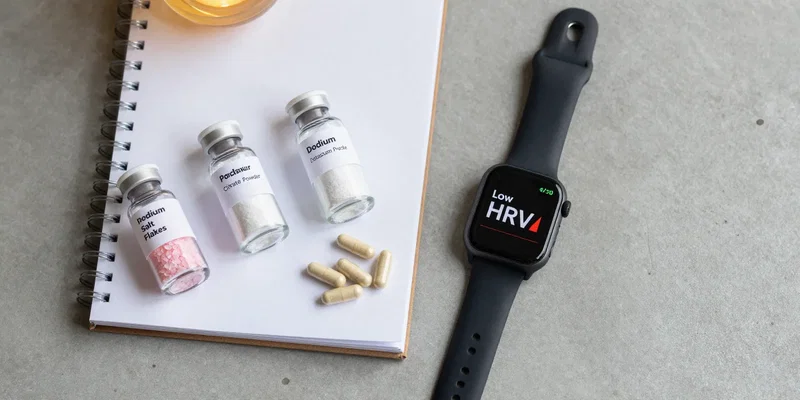 A top-down flatlay on a cool concrete desk. On a stylish notebook are three clear vials labeled: Sodium Salt Flakes (pink crystals), Potassium Citrate Powder (white powder), Magnesium Glycinate Capsules. Next to it, a smart watch shows low HRV. Warm, inviting light, shallow depth of field. --ar 16:9 --style raw