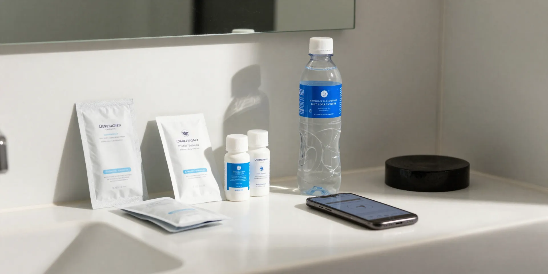 A minimalist, clean hotel bathroom countertop in Bali with rehydration sachets, probiotics, a bottle of clean water, and a phone displaying a clinic contact, serene early morning light, hyper-realistic product shot