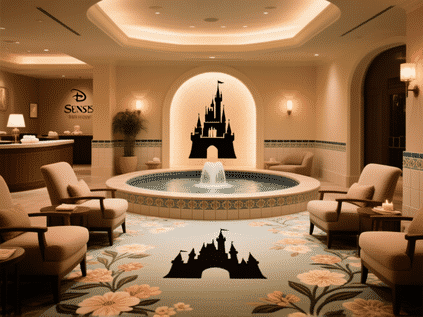 Intimate, Senses Spa lobby. Plush chairs, tranquil water feature, elegant tile work. Subtle Disney: The floral pattern