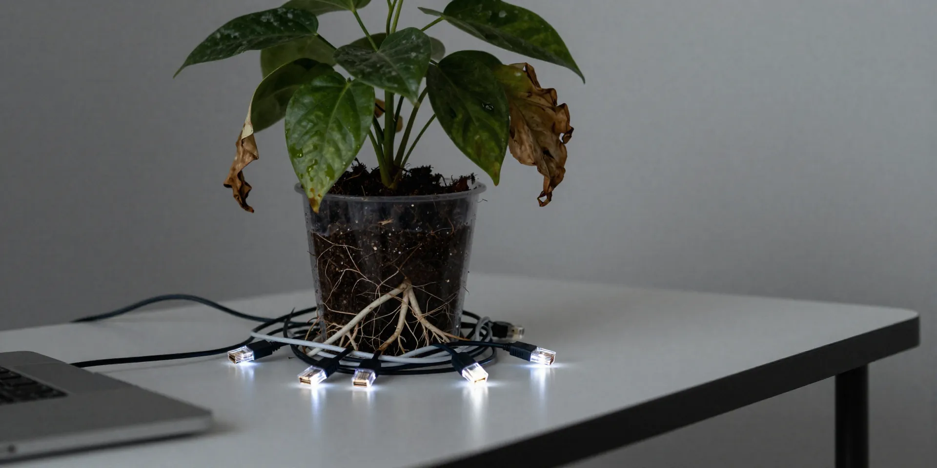 A wilting potted plant on a sleek, modern desk. Its leaves are drooping and turning brown, but instead of soil, its roots are tangled in a mess of glowing USB cables and Ethernet wires. Moody, desaturated photo.
