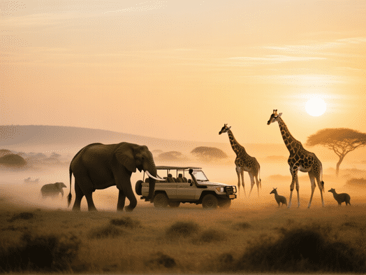Safari jeep at sunrise on the savanna, elephants and giraffes active near the vehicle, misty