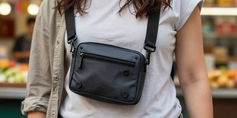 Close-up shot of a stylish, secure anti-theft crossbody bag worn tightly across the chest of a female traveler, vibrant market lights reflecting in the background, sharp focus, editorial travel photography --ar 16:9
