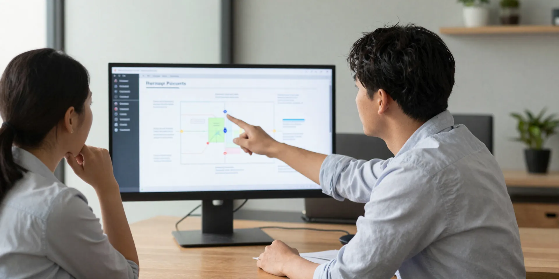 Modern office, two professionals in a constructive meeting, one pointing calmly to a project roadmap on a monitor, the other