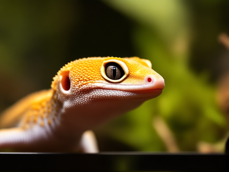 Photorealistic close-up of a curious leopard gecko peering out from the open door of its naturalistic terrarium, soft focus on its expressive face, side lighting, ultra-detailed scales, shallow depth of field.