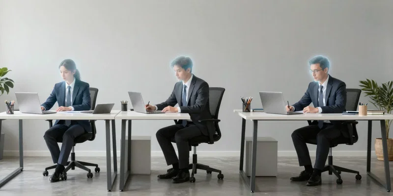 A person in a business suit sitting at a desk, with three transparent, ghostly versions of themselves also sitting at identical desks in the same pose. One desk is in a sleek office, one in a startup loft, one at home. Stylized, symbolic, muted colors.