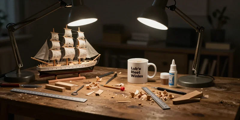 Midjourney prompt: [detailed still life, moody lighting] A cluttered, creative wooden workbench. A half-built model ship with tiny tools. A coffee mug with a programming joke no one else at the shop gets. Wood shavings, a ruler, a pot of glue. The light is a single warm desk lamp, focused on the intricate work. Dark, cozy background. --ar 16:9 --style raw