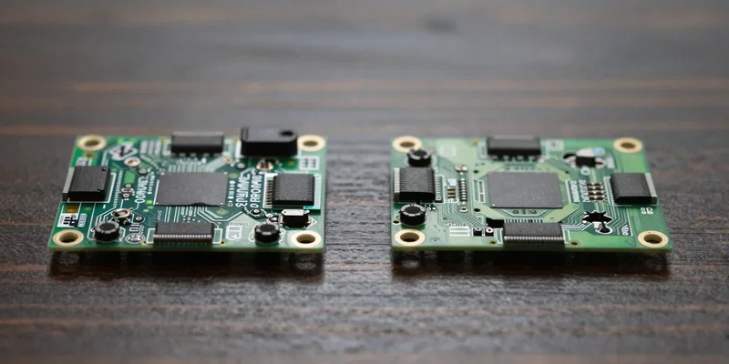 Two identical drone circuit boards side-by-side on a dark wooden table, one with bright crisp silkscreen labels, the other slightly faded and suspicious. Macro photography, shallow depth of field, 8k resolution, studio lighting --ar 16:9