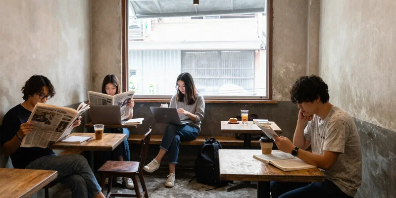 Wide shot, a cozy, slightly worn independent coffee shop in Taipei. Mid-morning light filters through a large window. A mix of locals reading newspapers, students with laptops, and a solo traveler (our subject) with a notebook, a coffee, and their backpack beside them. Warm, inviting atmosphere.