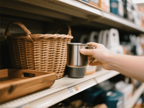 Close-up, first-person view reaching for items in a thrift store: a woven basket, a sturdy wooden tray, a metal camping mug. Soft focus on the background. [Photorealistic] --ar 4:3