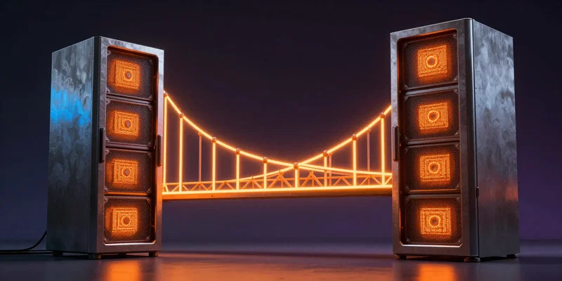 A glowing orange digital bridge connecting two metallic server towers, synthwave style, neon lights