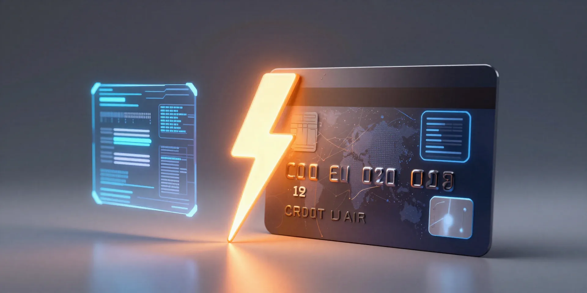 A glowing orange lightning bolt bridging a modern minimalist credit card and a sleek digital database hologram, cyberpunk aesthetic, neon studio lighting, highly detailed 3d render --ar 16:9