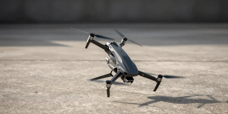 Action shot of an FPV drone aggressively flipping upside down onto concrete right after takeoff, broken propellers flying in the air, dramatic action lighting, high shutter speed, photorealistic --ar 16:9