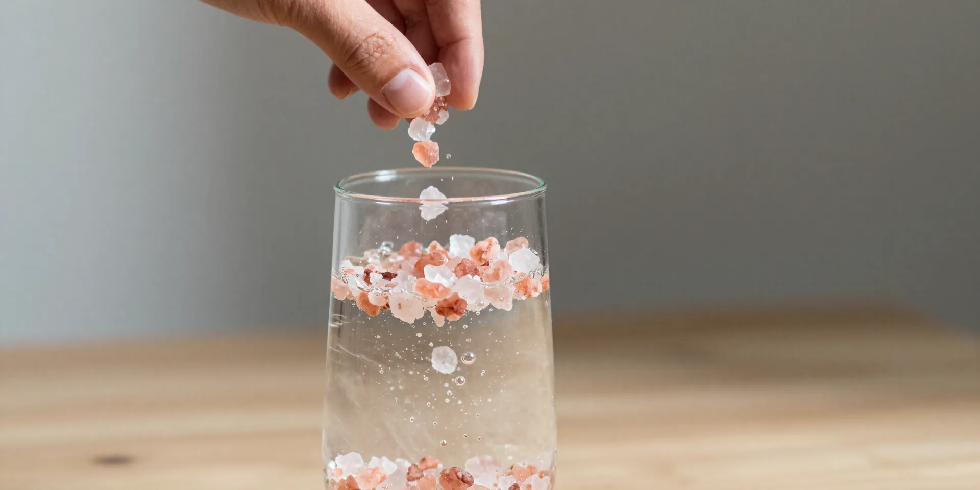 Stunning macro shot of coarse pink Himalayan salt crystals being sprinkled from fingers into a tall, clear glass of water with bubbles. Elegant morning light on a minimalist wooden desk. Sharp focus, shallow depth of field.
