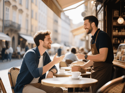 A casual, candid photo of a freelancer having a conversation with a local shop owner in a bustling European café, authentic