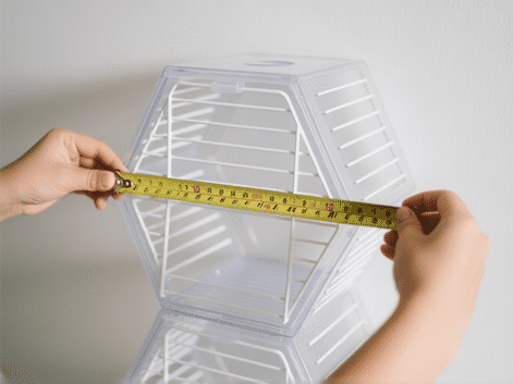 Close-up shot of hands measuring a tall, hexagonal hamster cage made of clear plastic and white metal vents. A tape measure is shown. The cage is against a blank wall. Focus on the cage's structural lines, depth, and texture. --ar 16:9