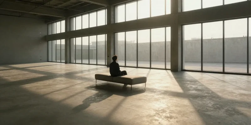 A person sitting on a minimalist sofa in a huge, empty, avant-garde commercial building with massive windows and concrete floors, golden hour light streaming in, sense of spaciousness and quiet, cinematic, detailed shadows