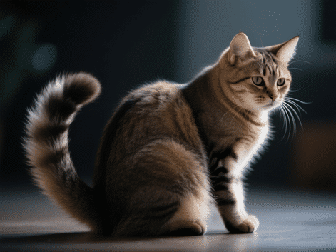 Close-up of an anxious cat's body language: puffed tail, arched back, and sideways posture. highlighting the raised fur