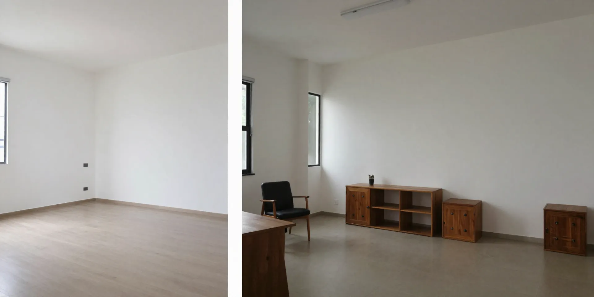 Split-screen image. Left side: A glossy, professionally staged photo of a minimalist Manila apartment with perfect lighting. Right side: A real user-submitted photo of the same space, showing a slightly different angle, realistic lighting, a lived-in but clean feel, and accurately depicted furnishings. Documentary style, honest juxtaposition.
