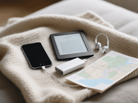 A curated minimalist tech kit on a wool blanket. One smartphone, a simple e-reader, wired headphones, a small power bank