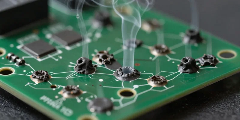 Macro photography of terrible, blobby solder joints on a green PCB board, wisps of smoke, dimly lit workbench, realistic, highly detailed --ar 16:9
