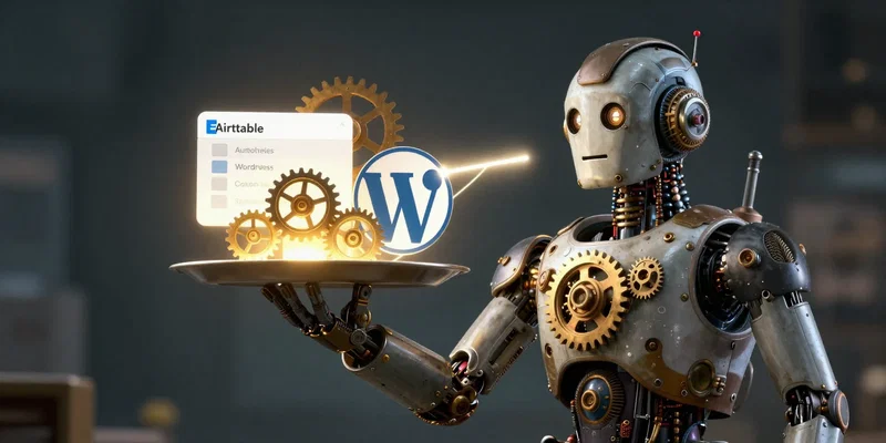 A steampunk-style robot butler holding a tray with glowing gears, one labeled Airtable, another labeled WordPress, connecting them with a light bolt, cinematic lighting, detailed.