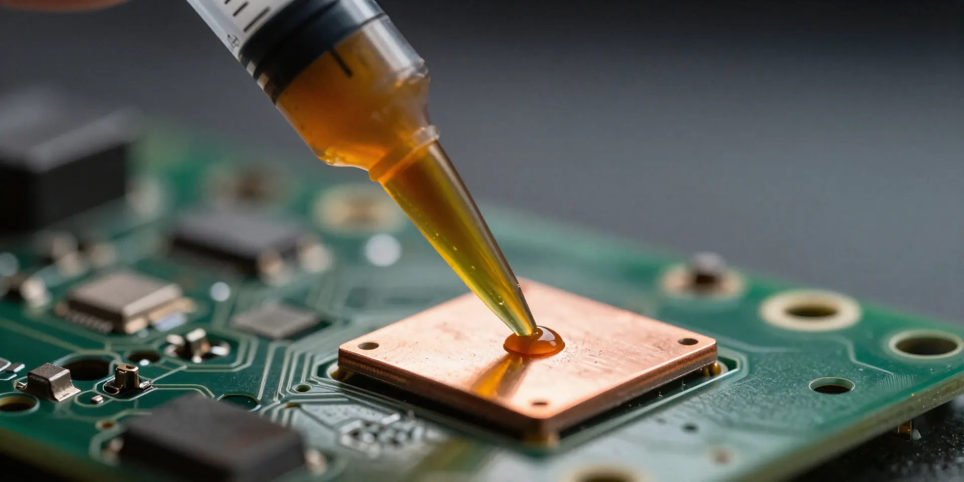 A syringe dispensing thick amber flux paste onto a tiny copper pad on a drone circuit board, cinematic lighting, extreme macro, depth of field, sharp focus, 8k --ar 16:9