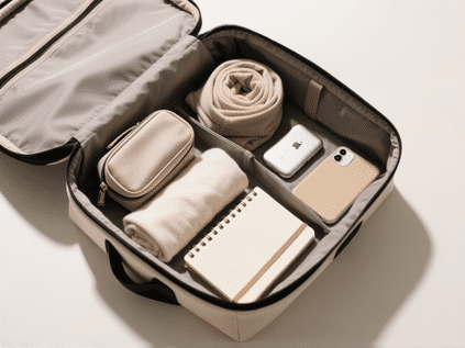Detailed shot from above of an open, organized bag interior. Rolled clothes in neutral colors, a small dopp kit, a compact tech pouch, a notebook. Minimal, clean, ready. Top-down photography, soft shadows. --ar 16:9