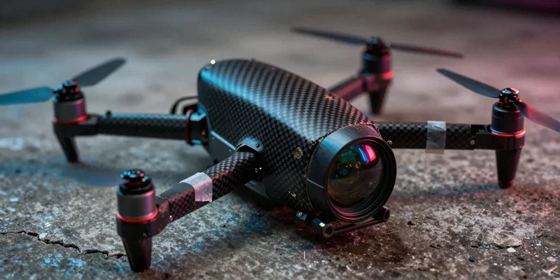 Close up macro photography of a battered carbon frame FPV drone resting on cracked concrete, scuffed props, taped wires, cinematic neon street lighting reflecting off the camera lens, gritty cyberpunk aesthetic --ar 16:9 --v 6.0