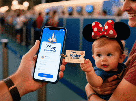 AI Image Prompt: Close-up of a parent's hand showing a Disney World theme park ticket linked to Rider Switch on the My Disney Experience app, smartphone screen glowing, other hand holding a child's tiny Mickey ears, soft focus on the background queue, cinematic lighting, crisp detail