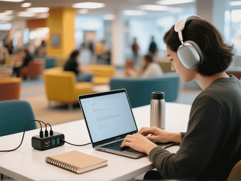 Midjourney prompt: A clean, focused workspace in a vibrant common area. A person's hands typing on a laptop with noise-canceling headphones on the desk. A multi-port charger, a physical notebook, and a sleek thermos mug are neatly arranged. Background is bustling but blurred. Cinematic depth of field, lifestyle photography.