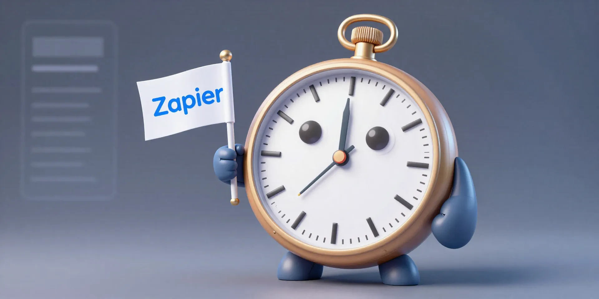 A friendly, cute robot mascot holding a 'Zapier' flag, standing next to a giant, ticking pocket watch. The background is a clean, minimalist tech interface. 3D illustration, Pixar style, bright colors.