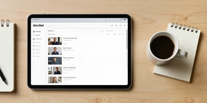 Midjourney Prompt: overhead desk view, a sleek iPad showing an Airtable base interface with video thumbnails, neat columns, next to a notebook and a single clean cup of coffee, minimalist workspace, sharp focus, style: product photography on wood, soft light, --ar 16:9 --v 6.0