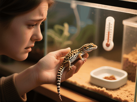 Midjourney prompt: A concerned person's hand gently holding a thin leopard gecko, with a tank setup visible in the soft-focus background, showing a thermometer and empty food dish, warm mood lighting --ar 16:9