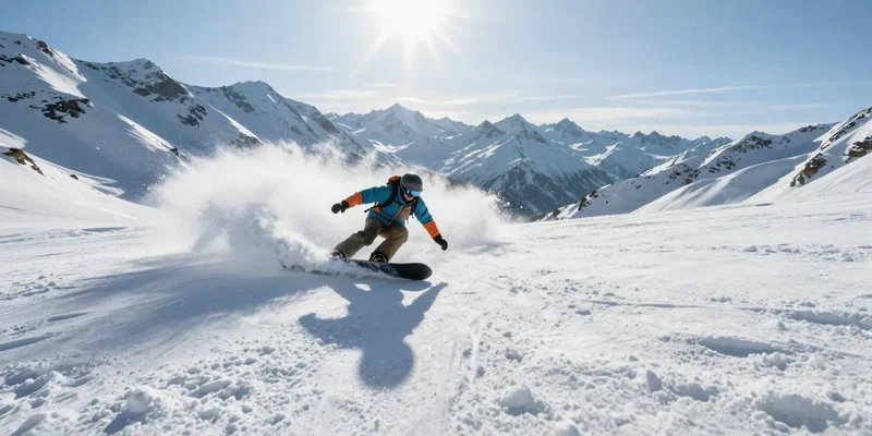 A top-down over-the-shoulder view of a drone chasing a snowboarder carving fresh powder, bright sunny day, snow spraying into the lens, epic alpine landscape, high speed action photography, cinematic lighting --ar 16:9 --v 6.0
