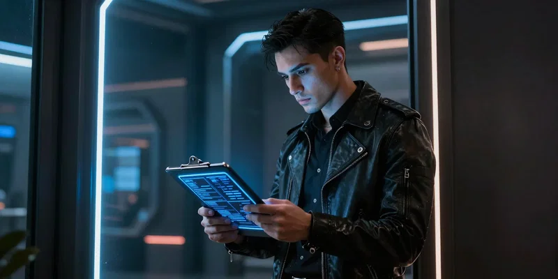 A tough but stylish cyborg bouncer checking a glowing digital clipboard at a futuristic door, cyberpunk style, neon rim lighting, highly detailed, sharp focus --ar 16:9