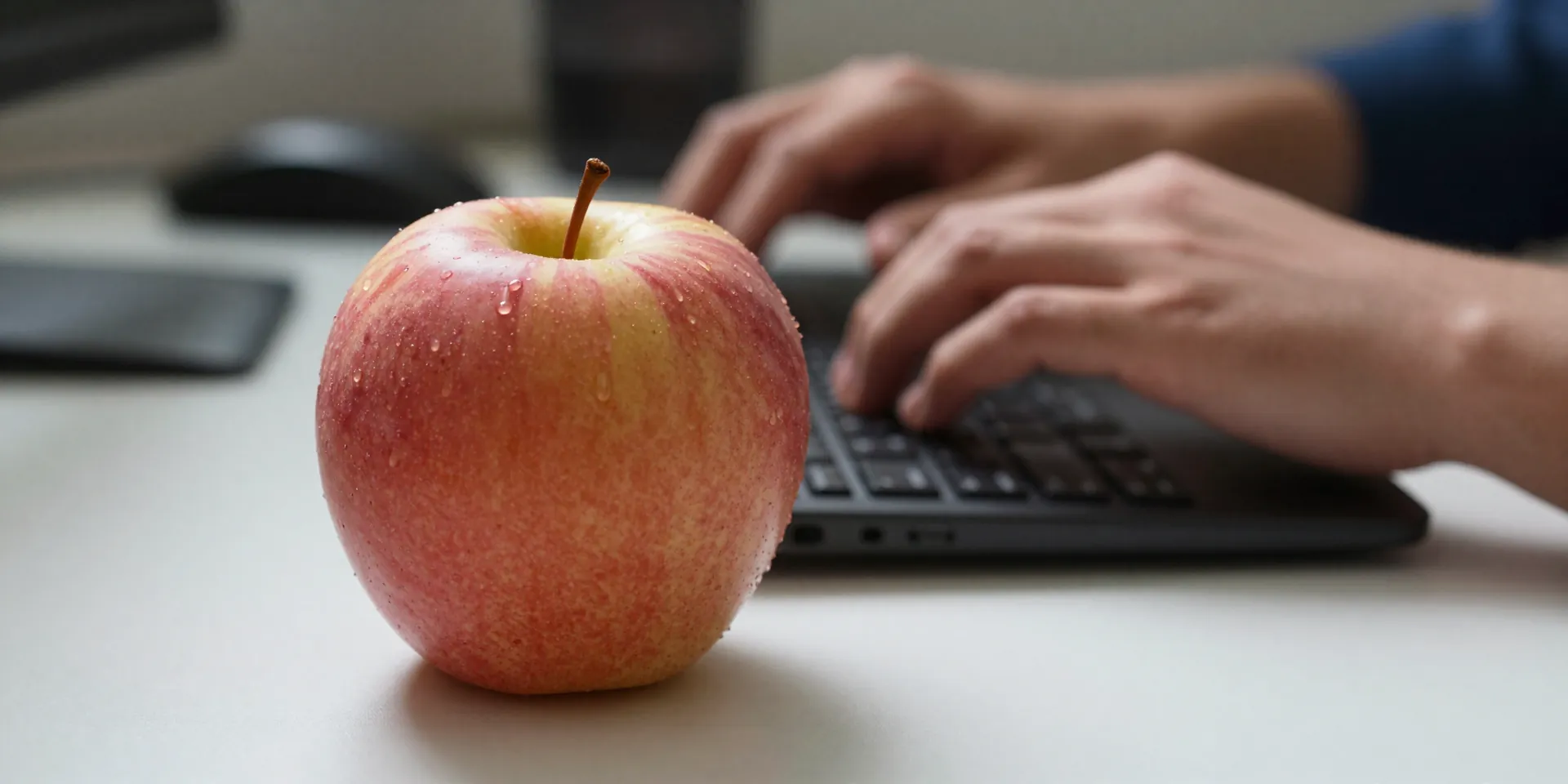 Stable Diffusion prompt: A cluttered desk, but the only thing in sharp focus is a simple apple, hyperrealistic detail on the apple's skin, shallow depth of field, the person's hands are tense on the keyboard, sense of intense craving --ar 16:9
