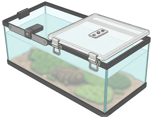 Top-down diagrammatic shot of a 20-gallon long reptile tank. Two different locking lid mechanisms are shown in sharp focus: a simple sliding clip lock and a hinged lid with a pin lock. The rest of the tank is slightly blurred. Technical illustration style. --ar 16:9