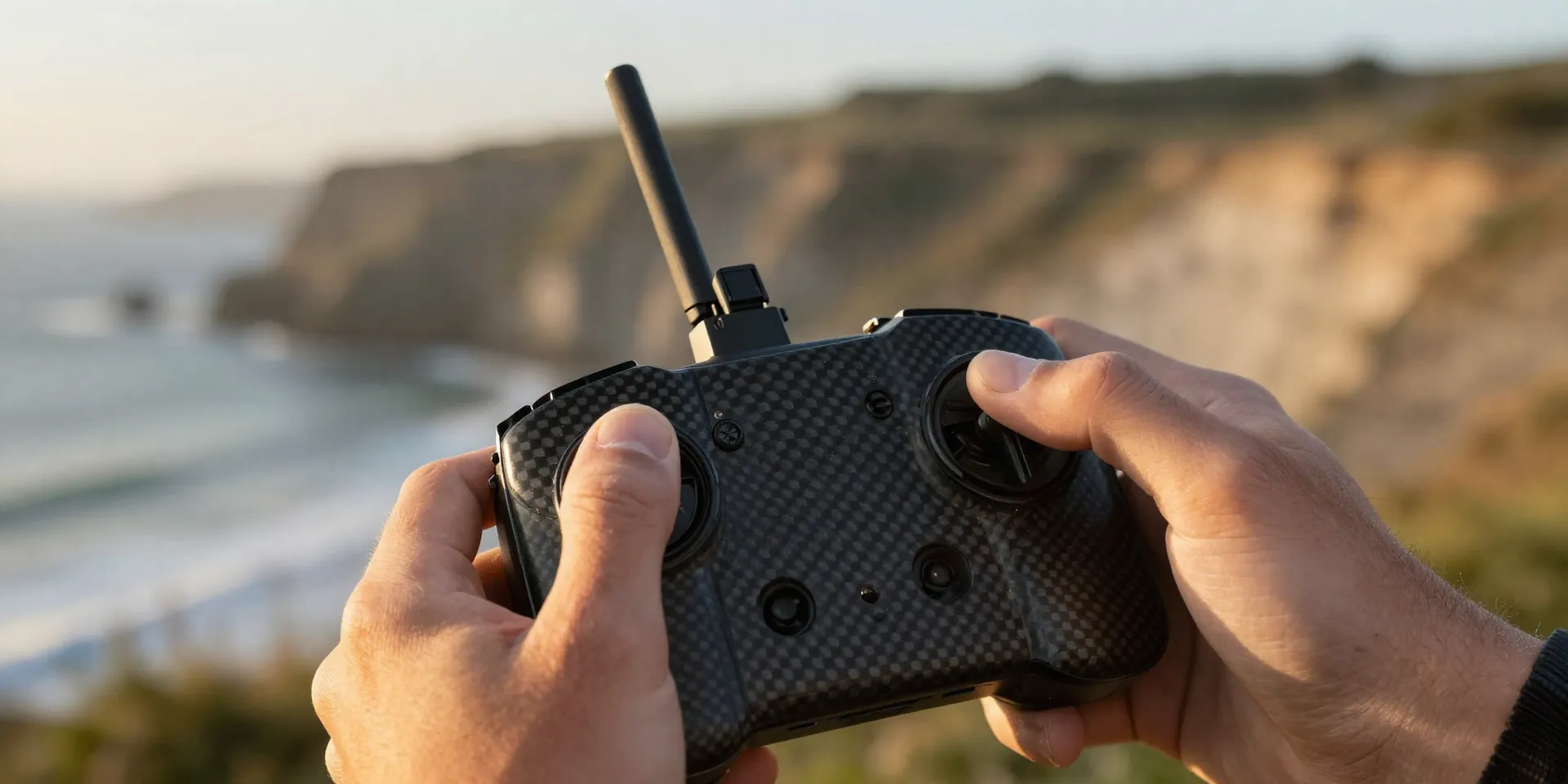 Macro shot of a pilot's thumbs on a carbon fiber drone radio transmitter, soft background blur of a coastal cliff, golden hour light, highly detailed --ar 16:9