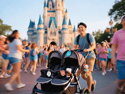 A dynamic, slightly chaotic scene in front of Cinderella Castle. A determined but smiling parent navigates a rugged, loaded