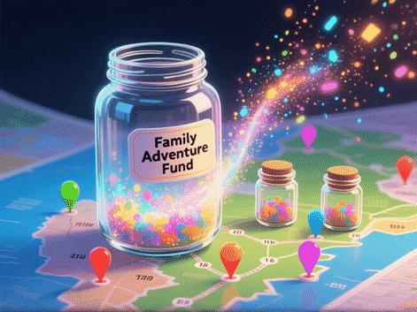 Illustrative concept art, a transparent glass jar labeled 'Family Adventure Fund' on a map, colorful points and miles flowing like glowing dust from three smaller jars into the big one, particle effects, digital art style, vibrant