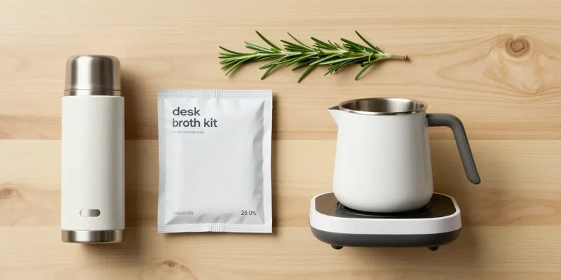 Midjourney prompt: Flat lay / product shot of a minimalist 'desk broth kit': a stylish insulated Thermos, a single-serve packet of high-quality bone broth powder, a sleek electric mug warmer, and a sprig of fresh rosemary on a wooden desk backdrop. Bright, clean studio lighting, sharp focus.