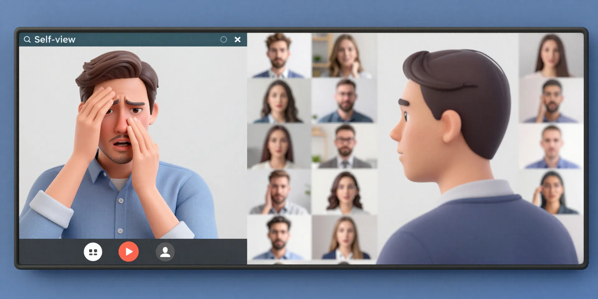 A split-screen image. Left side: a person on video call, their own face large in a 'self-view' window, expression anxious. Right side: the same person, focused, looking at other participants' windows filled with engaged faces. Style: clean 3D illustration, corporate but soft, clear visual metaphor