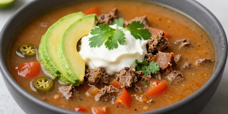 A colorful, slightly brothy soup in a dark bowl featuring ground beef, diced tomatoes, green chiles, and avocado slices. Topped with a lime wedge, cilantro, and a dollop of sour cream. Vibrant, fresh, appetizing. --style raw --ar 16:9