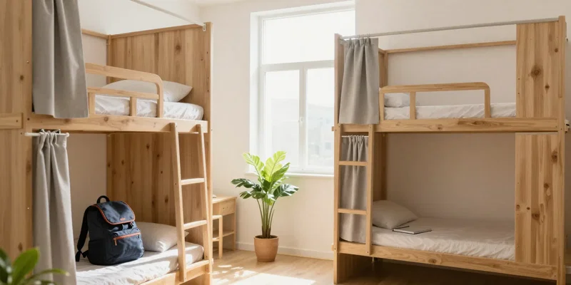 AI IMAGE PROMPT: cozy, sunlit dorm room in a clean, modern hostel with wooden bunks and privacy curtains, a backpack and journal on a bed, potted plants, minimalist aesthetic, morning light, shot on a 35mm lens, realistic style, 4:3 aspect ratio
