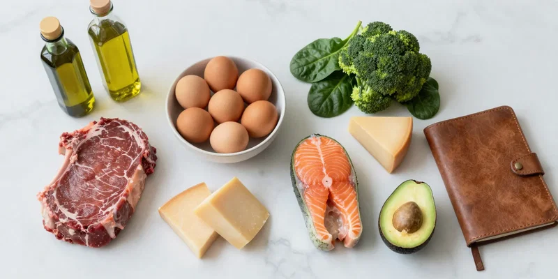 Midjourney/SD Prompt: Clean, minimalist flat lay on a marble countertop. Organized groups of keto staples: Grass-fed ribeye and salmon fillets, a dozen eggs in a ceramic bowl, blocks of cheddar and parmesan, avocados, spinach, broccoli, and bottles of high-quality olive oil and avocado oil. A leather notebook and pen beside them. Soft, natural light, clean composition --ar 16:9