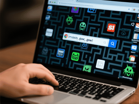 A person's hand using a laptop, the screen showing a confusing maze of browser tabs and bookmarks. One tab clearly displays a legitimate .gov URL, highlighted, while others show sketchy-looking sites. Style: detailed photorealistic, shallow depth of field.