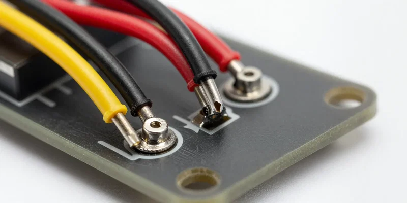 Extreme close up of perfectly soldered wires on a drone flight controller pad, yellow video wire, red and black wires, shiny solder joints, macro photography, technical, well-lit --ar 16:9
